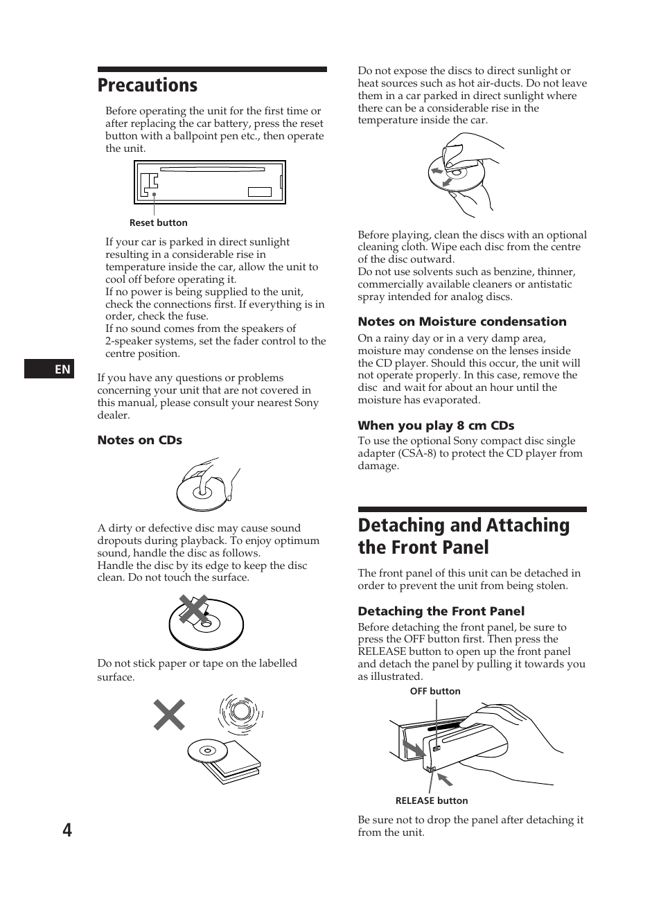 Detaching and attaching the front panel, Precautions | Sony CDX-3000 User Manual | Page 4 / 80