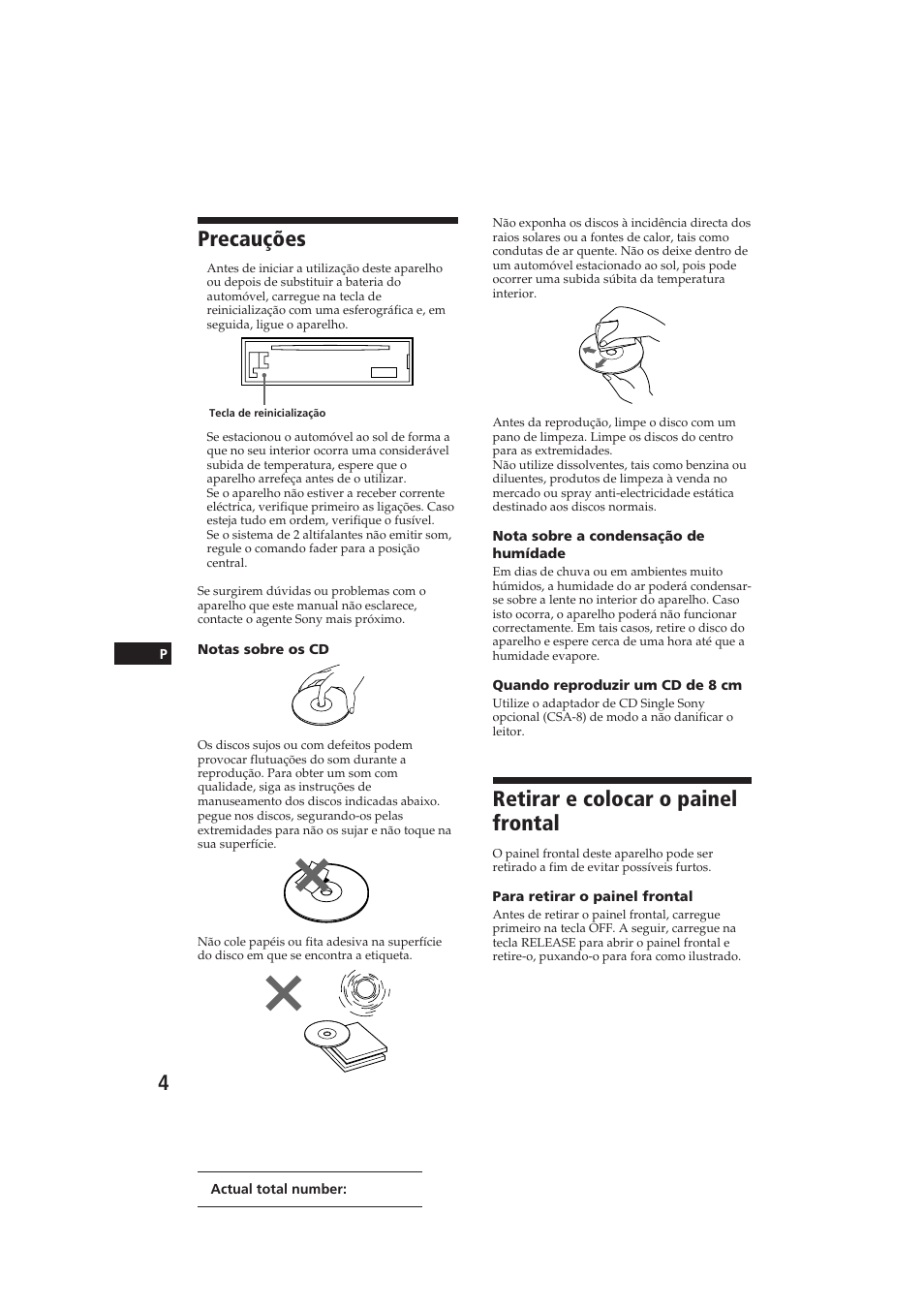 Precauções, Retirar e colocar o painel frontal | Sony CDX-3000 User Manual | Page 44 / 80