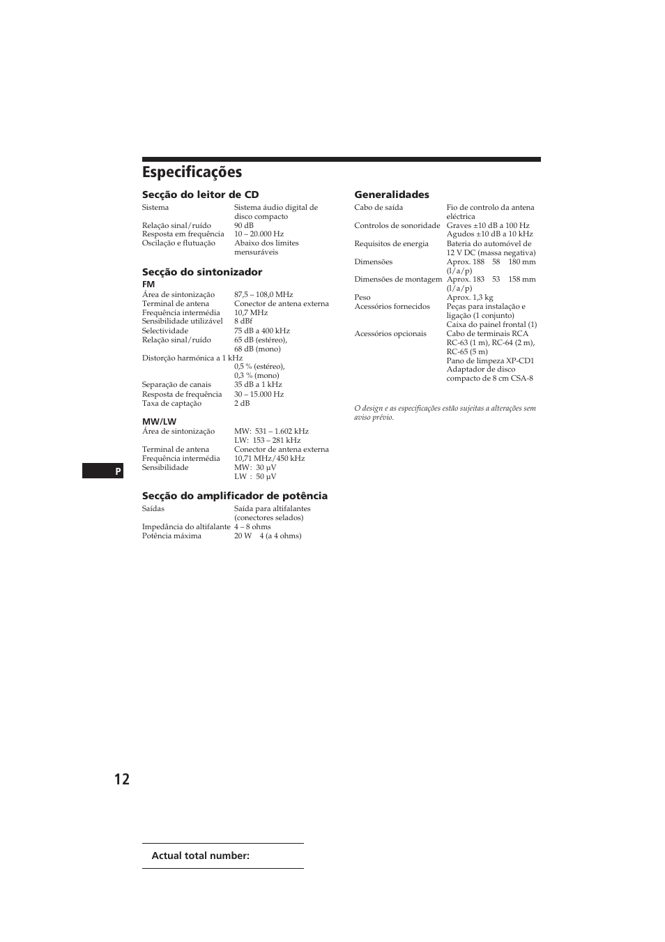 Especificações | Sony CDX-3000 User Manual | Page 52 / 80