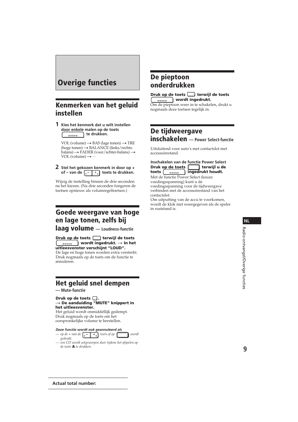 Overige functies, Kenmerken van het geluid instellen, Het geluid snel dempen | De pieptoon onderdrukken, De tijdweergave inschakelen | Sony CDX-3000 User Manual | Page 62 / 80