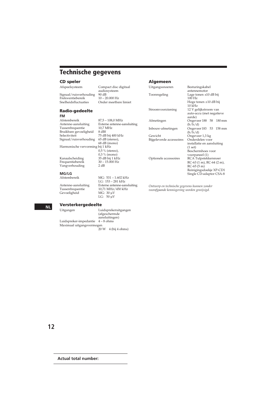 Technische gegevens | Sony CDX-3000 User Manual | Page 65 / 80