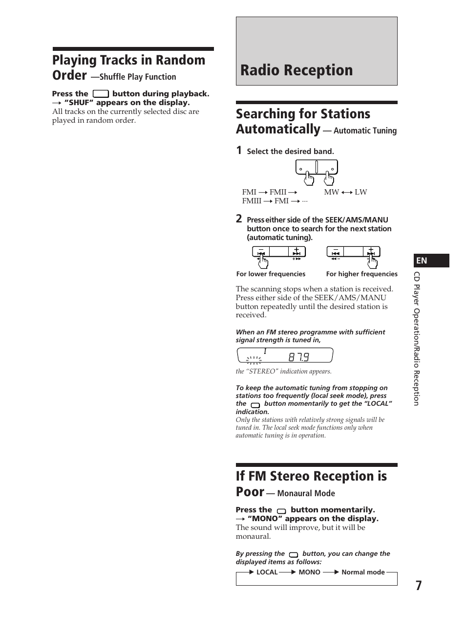 Radio reception, Playing tracks in random order, Searching for stations automatically | If fm stereo reception is poor | Sony CDX-3000 User Manual | Page 7 / 80