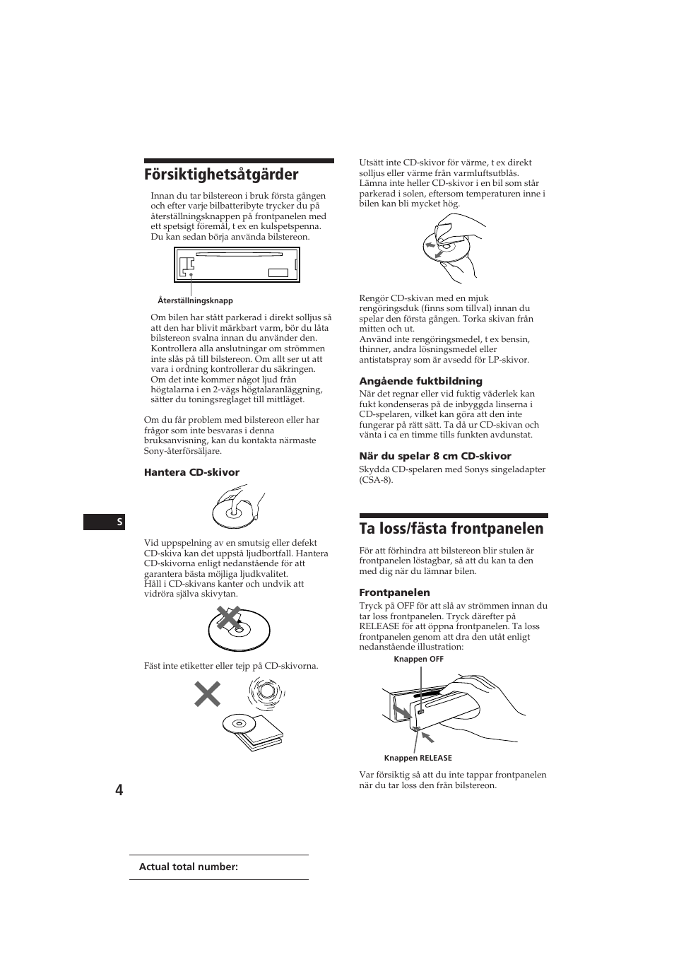 Ta loss/fästa frontpanelen, Försiktighetsåtgärder | Sony CDX-3000 User Manual | Page 70 / 80