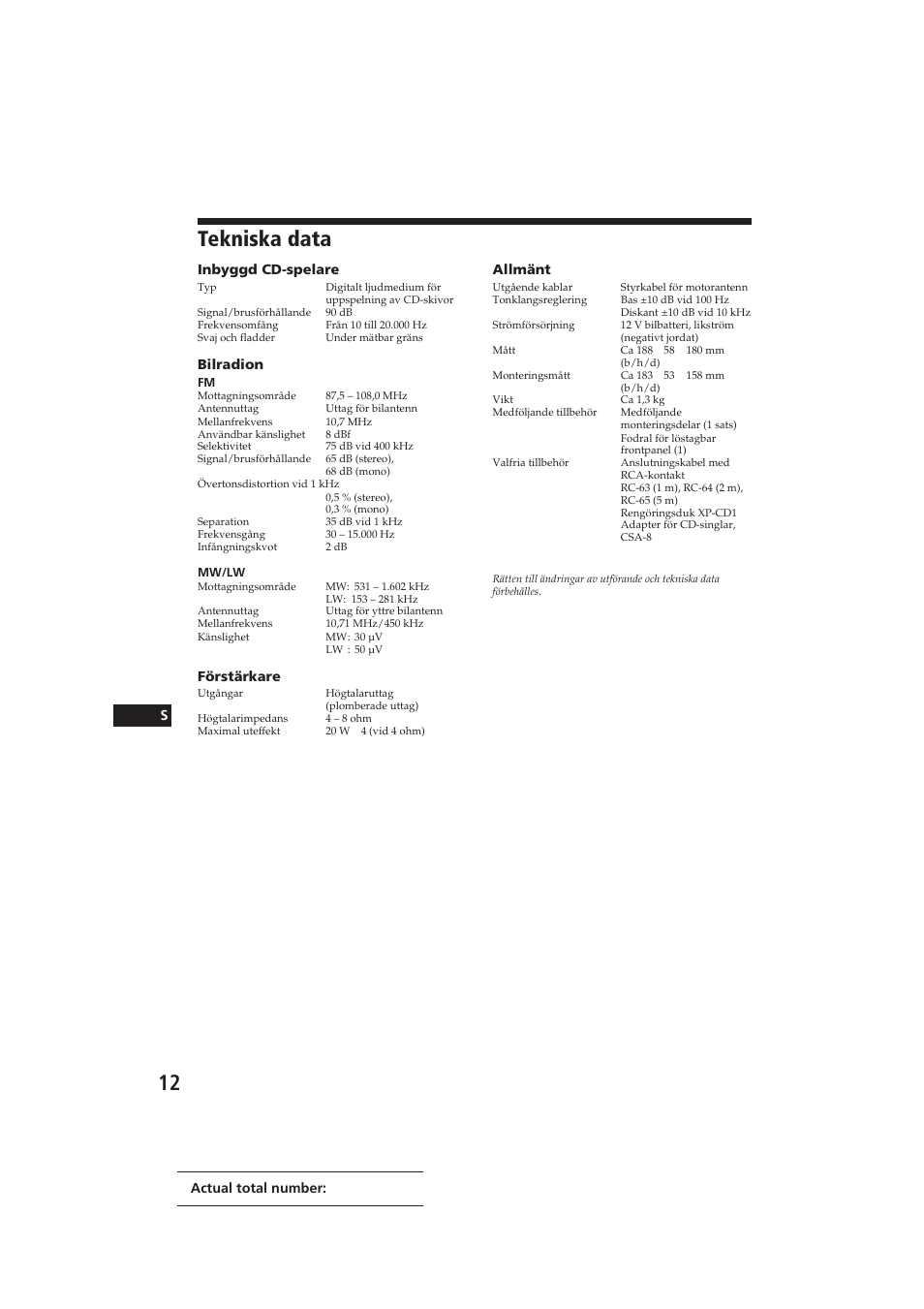 Tekniska data | Sony CDX-3000 User Manual | Page 78 / 80