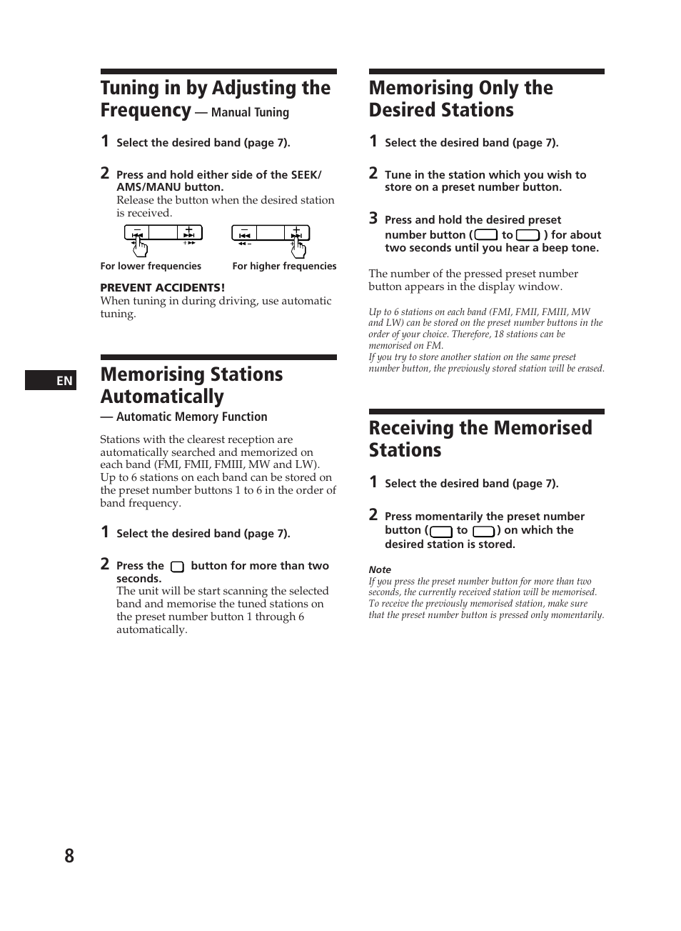 Tuning in by adjusting the frequency | Sony CDX-3000 User Manual | Page 8 / 80