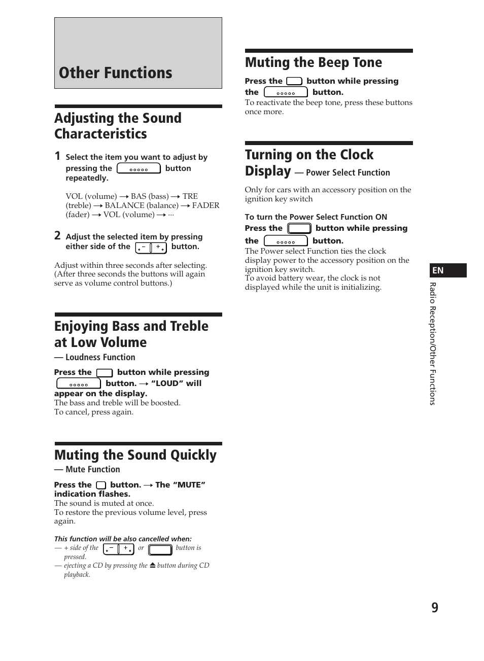 Other functions, Adjusting the sound characteristics, Enjoying bass and treble at low volume | Muting the sound quickly, Muting the beep tone, Turning on the clock display | Sony CDX-3000 User Manual | Page 9 / 80