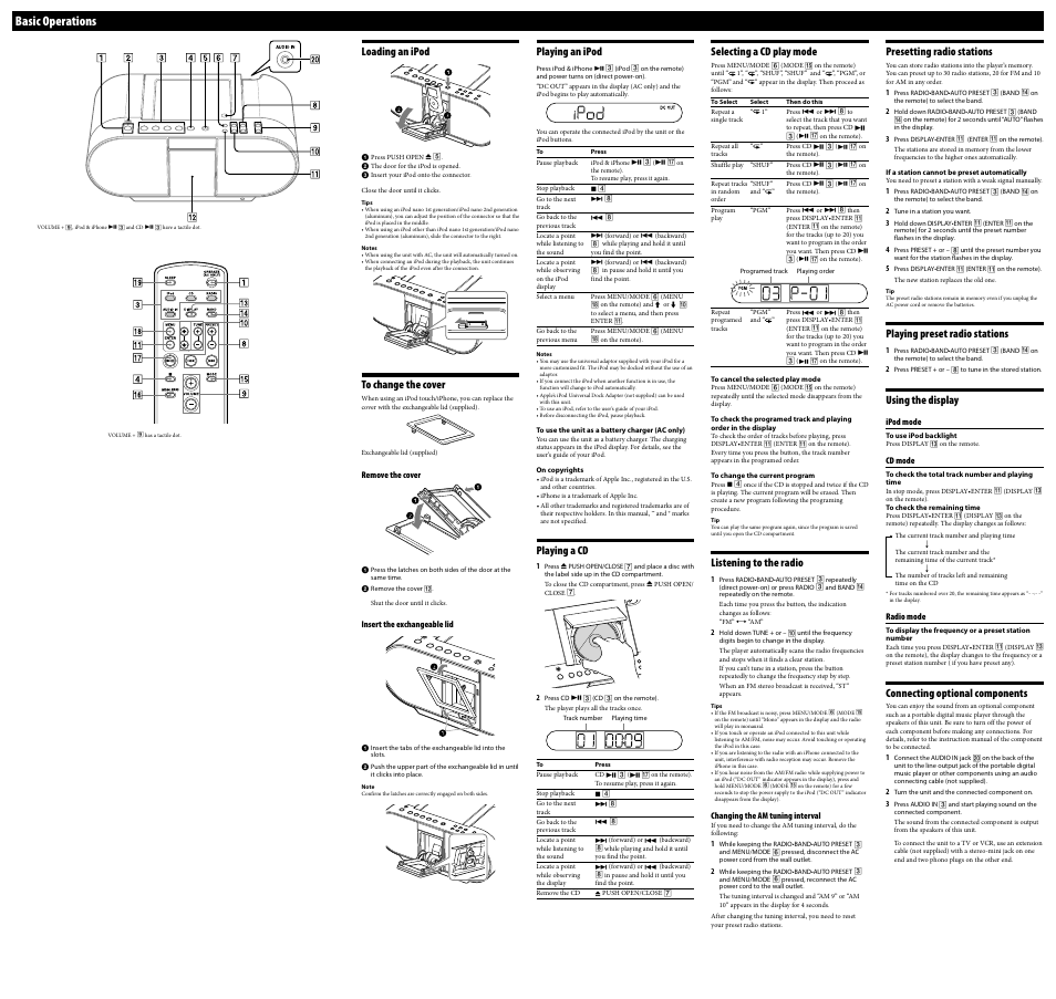 Basic operations, Playing an ipod, Playing a cd | Selecting a cd play mode, Listening to the radio, Loading an ipod, Presetting radio stations, Playing preset radio stations, Using the display, Connecting optional components | Sony ZS-S4IP User Manual | Page 2 / 2