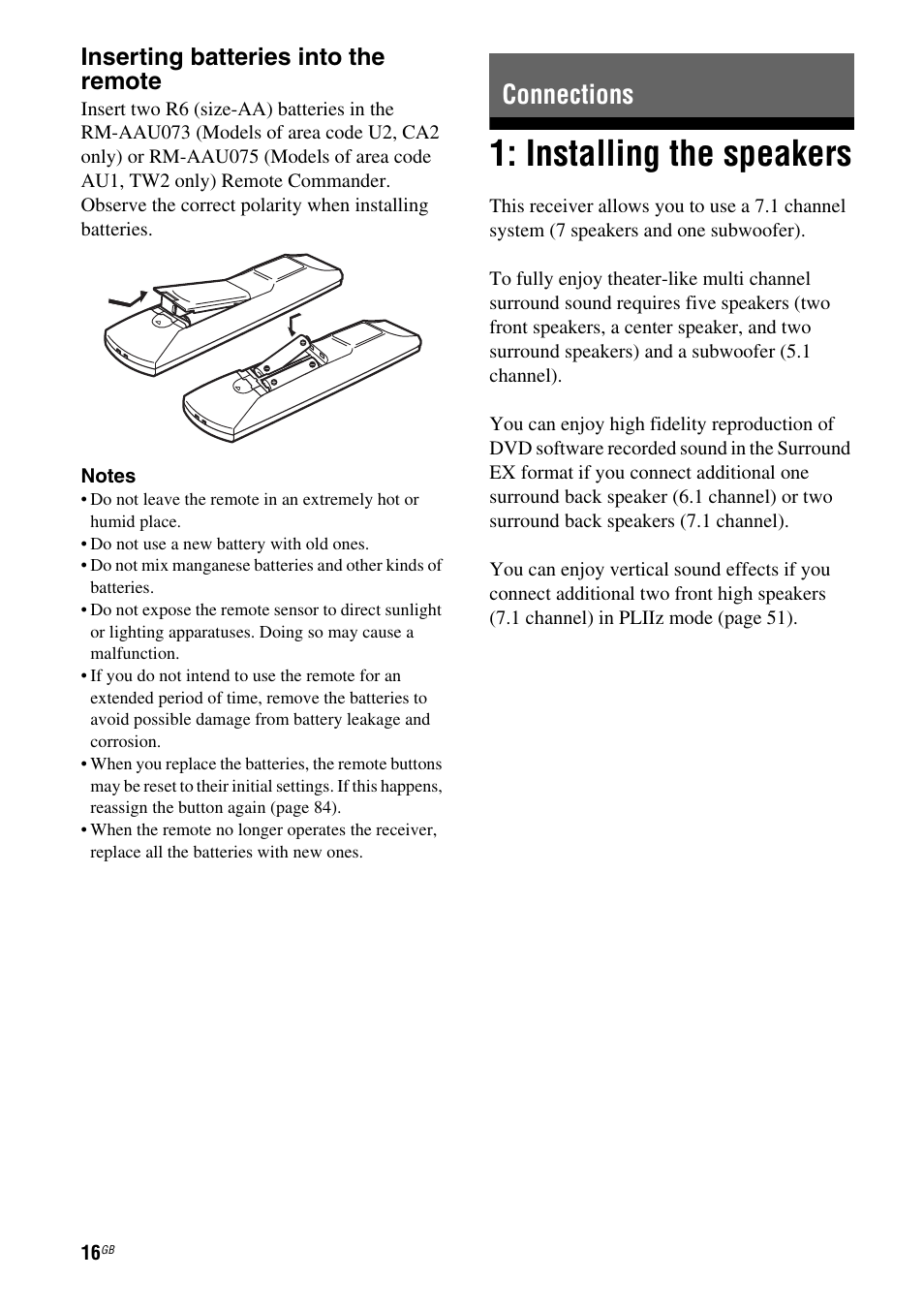 Connections, Installing the speakers, Inserting batteries into the remote | Sony STR-DH710 User Manual | Page 16 / 100