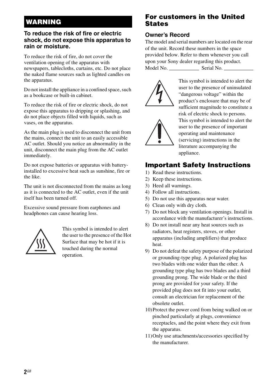 For customers in the united states, Important safety instructions, Warning | Sony STR-DH710 User Manual | Page 2 / 100