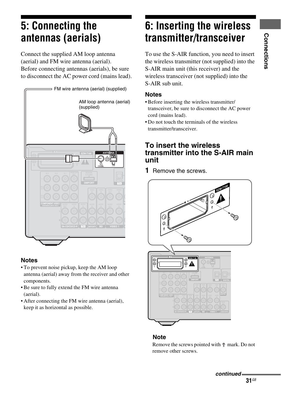 Connecting the antennas (aerials), Inserting the wireless transmitter/transceiver, Transceiver | Co nn ecti on s, Continued | Sony STR-DH710 User Manual | Page 31 / 100