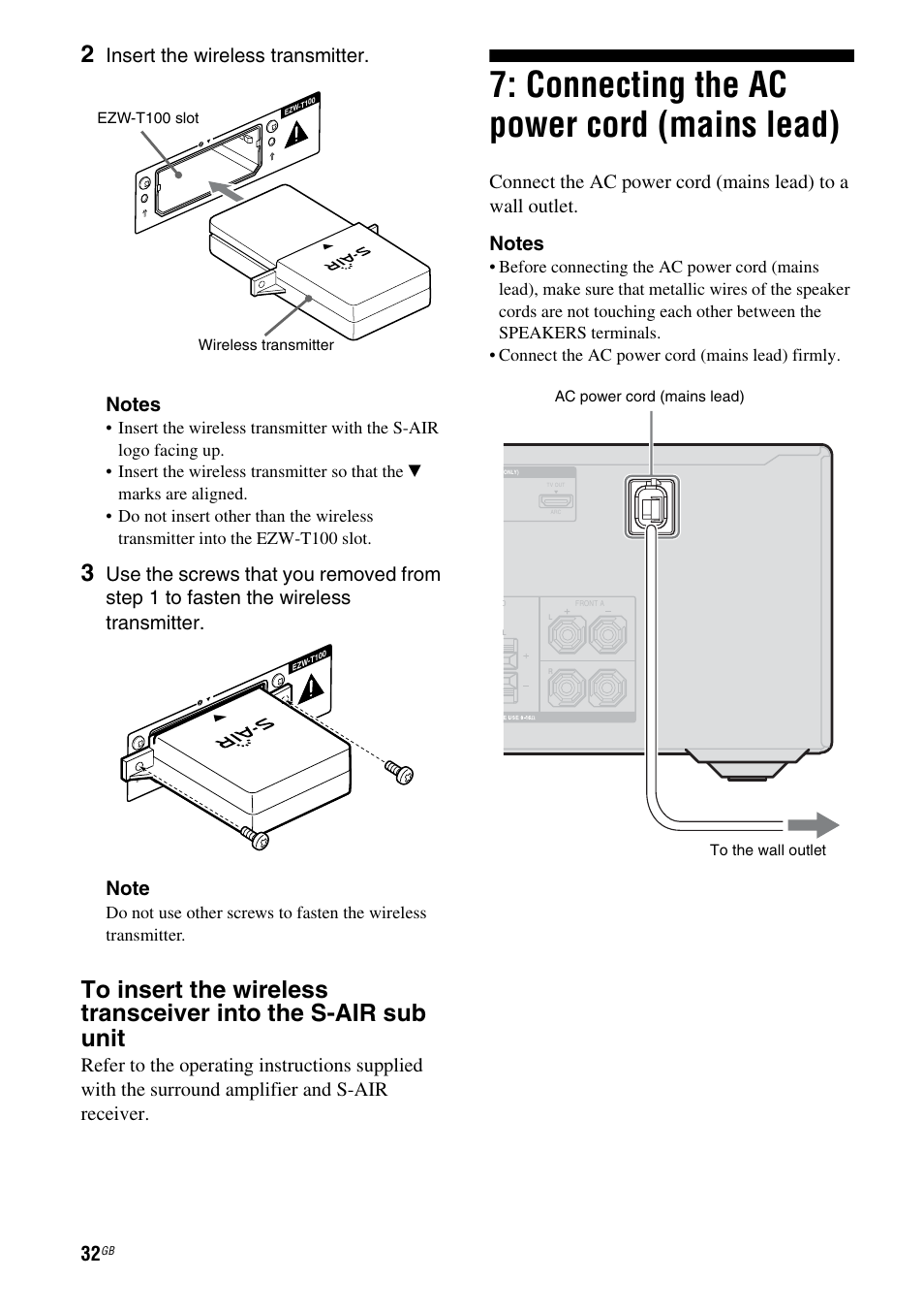 Connecting the ac power cord (mains lead), Connecting the ac power cord, Mains lead) | Sony STR-DH710 User Manual | Page 32 / 100