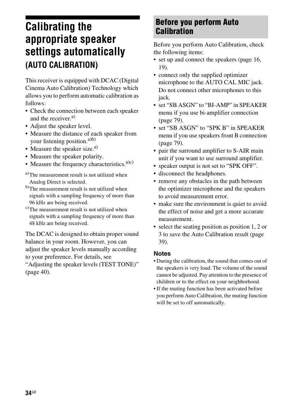 Calibrating the appropriate speaker settings, Automatically, Auto calibration) | Before you perform auto calibration | Sony STR-DH710 User Manual | Page 34 / 100