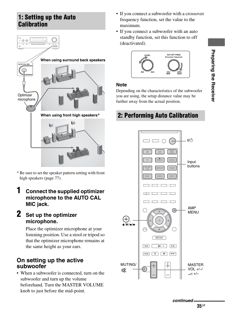 Setting up the auto calibration, Performing auto calibration, On setting up the active subwoofer | Set up the optimizer microphone, Pre p ar ing the r eceive r | Sony STR-DH710 User Manual | Page 35 / 100