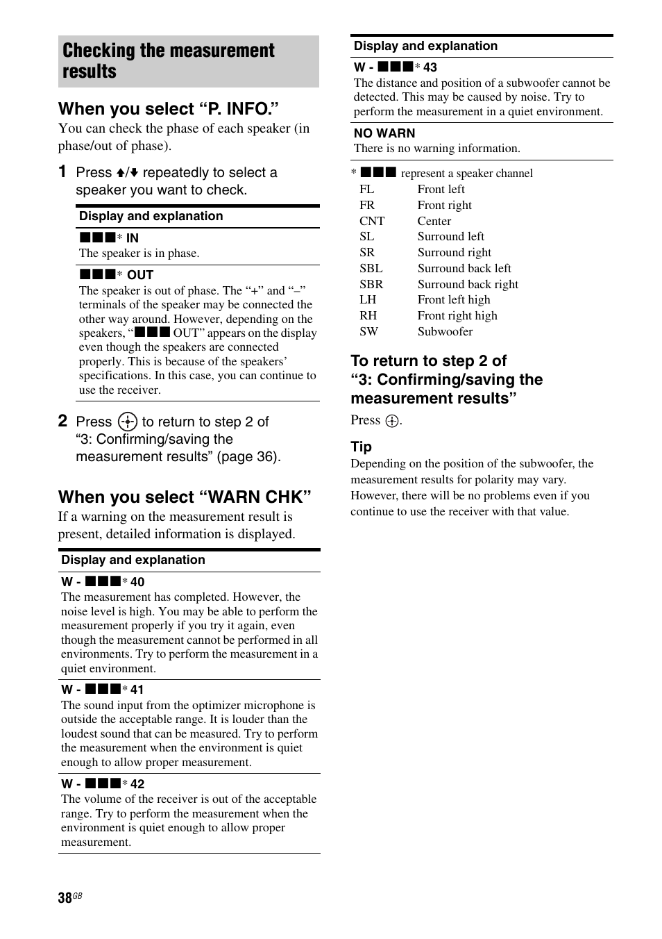 Checking the measurement results, When you select “p. info, When you select “warn chk | Sony STR-DH710 User Manual | Page 38 / 100