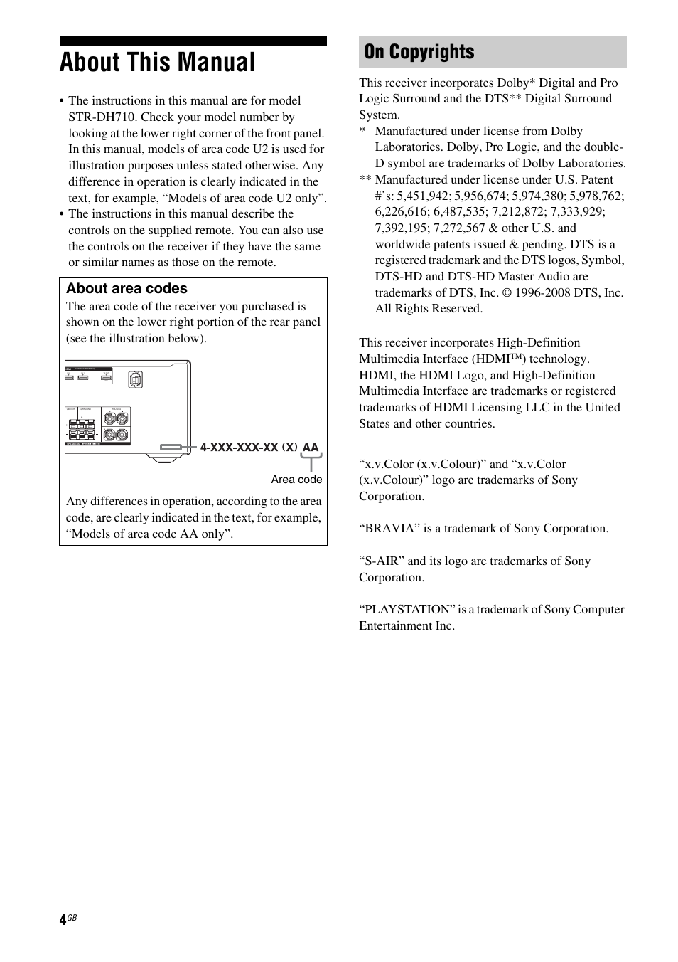 About this manual, On copyrights, About area codes | Sony STR-DH710 User Manual | Page 4 / 100