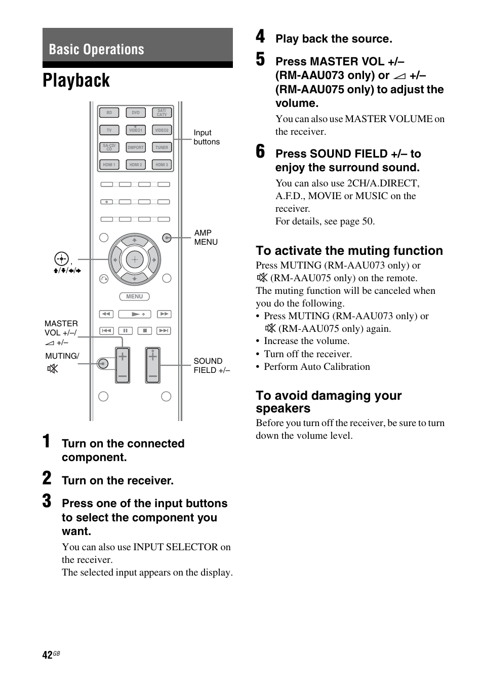 Basic operations, Playback, Playback 1 | Turn on the connected component, Turn on the receiver, Play back the source, Press sound field +/– to enjoy the surround sound | Sony STR-DH710 User Manual | Page 42 / 100