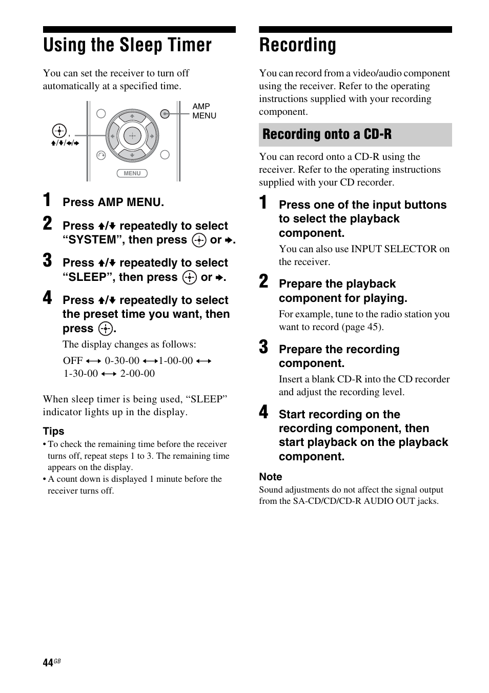 Using the sleep timer, Recording, Using the sleep timer recording | E 42 - 44, 46 - 48, Recording onto a cd-r | Sony STR-DH710 User Manual | Page 44 / 100