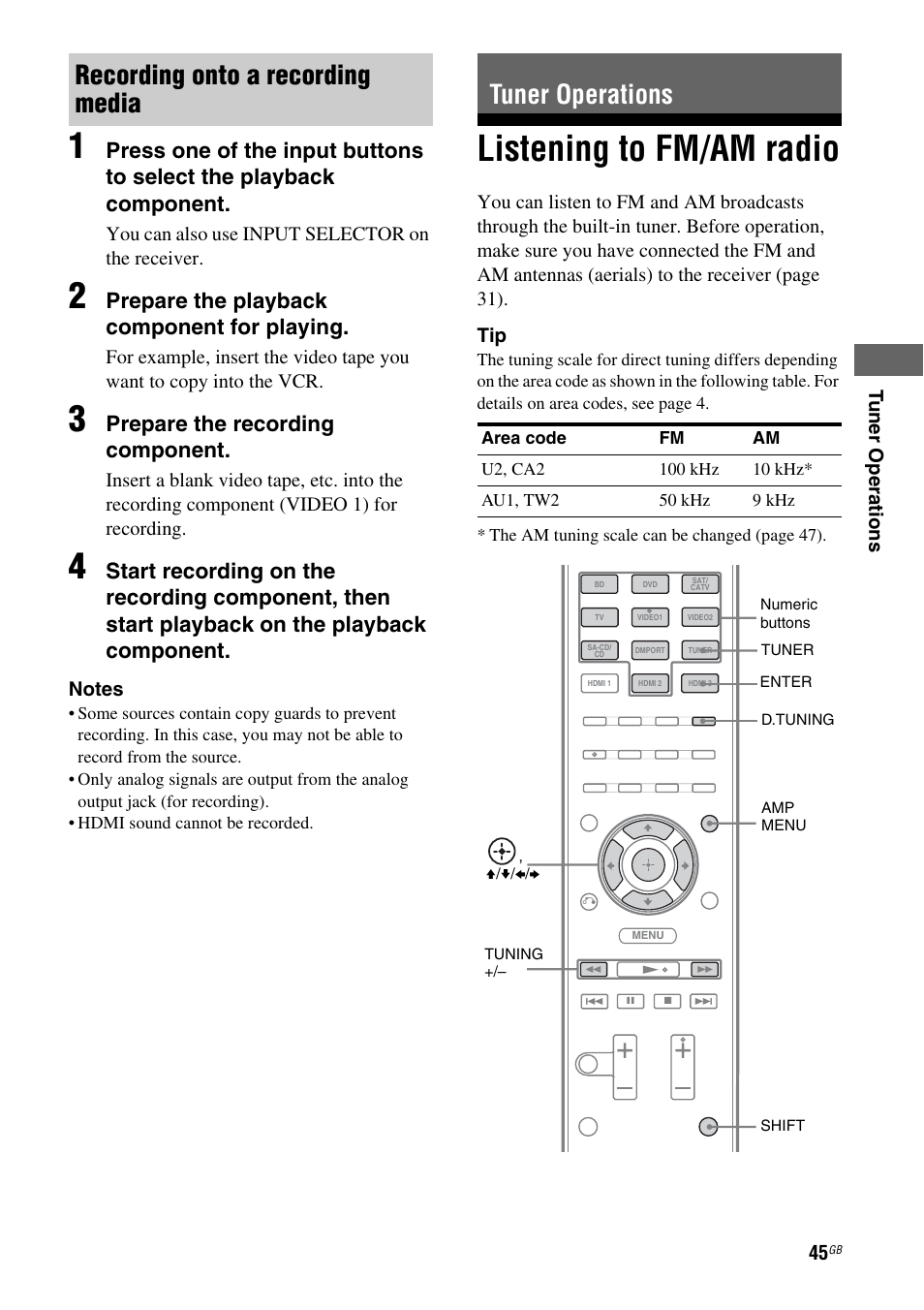 Tuner operations, Listening to fm/am radio, Recording onto a recording media tuner operations | Prepare the playback component for playing, Prepare the recording component | Sony STR-DH710 User Manual | Page 45 / 100