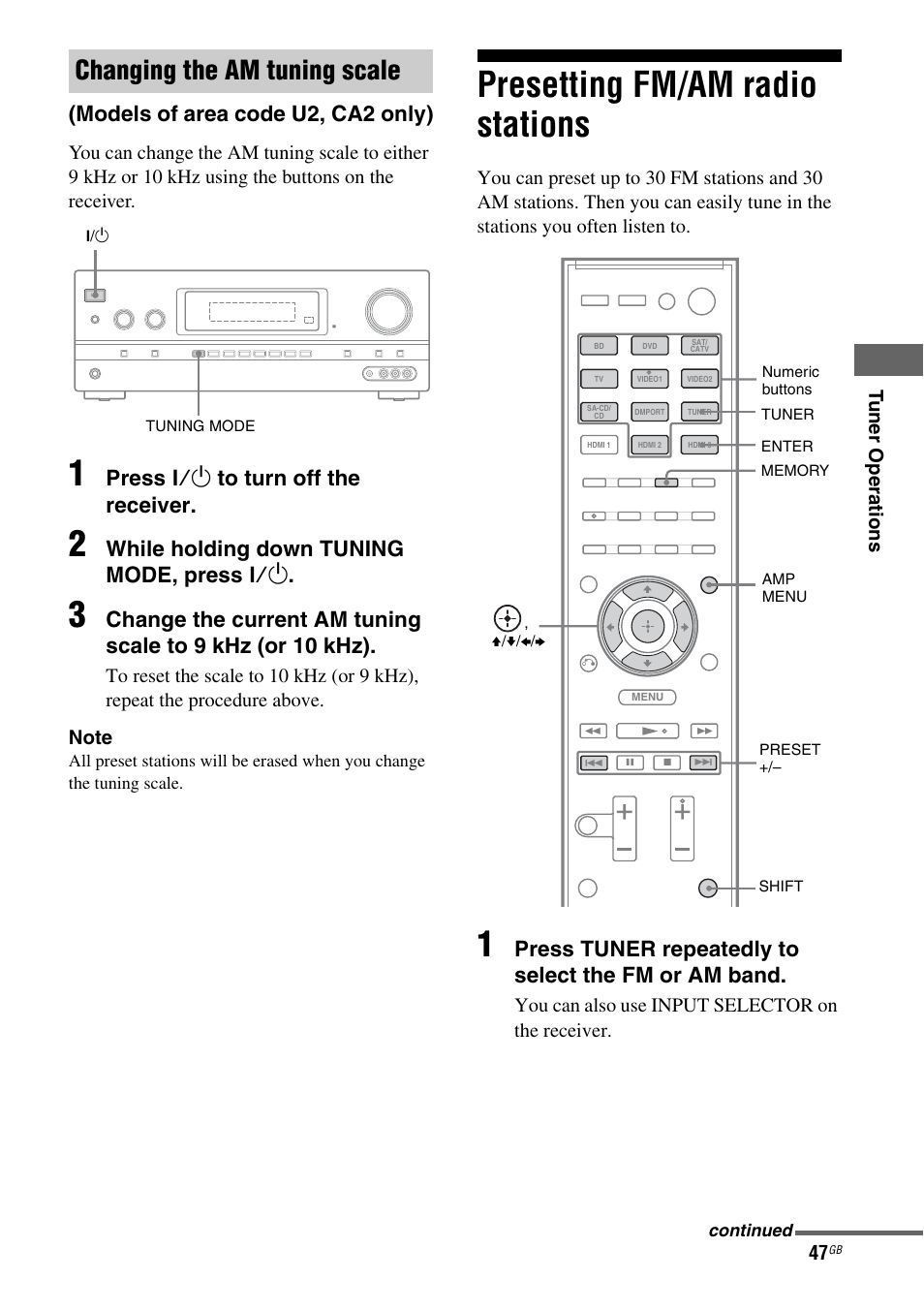 Presetting fm/am radio stations, Changing the am tuning scale, Models of area code u2, ca2 only) | Press ?/1 to turn off the receiver, While holding down tuning mode, press ?/1, Press tuner repeatedly to select the fm or am band | Sony STR-DH710 User Manual | Page 47 / 100