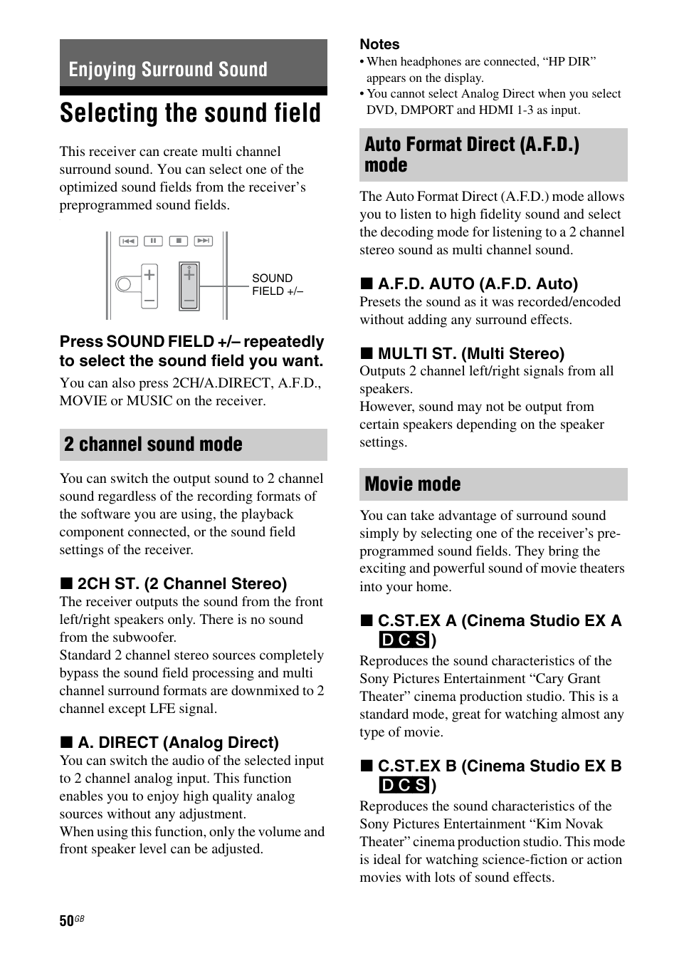 Enjoying surround sound, Selecting the sound field, Enjoying surround sound 2 channel sound mode | Auto format direct (a.f.d.) mode movie mode | Sony STR-DH710 User Manual | Page 50 / 100