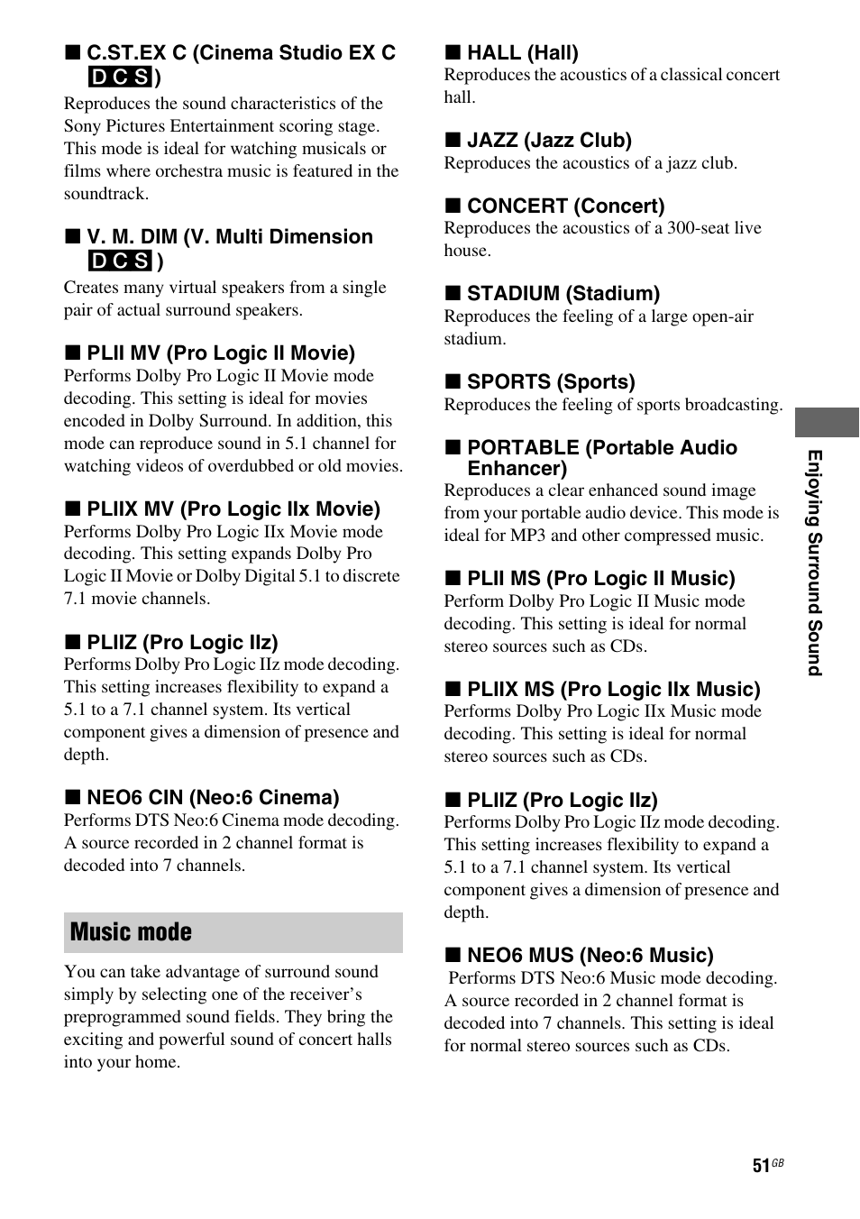 Music mode | Sony STR-DH710 User Manual | Page 51 / 100