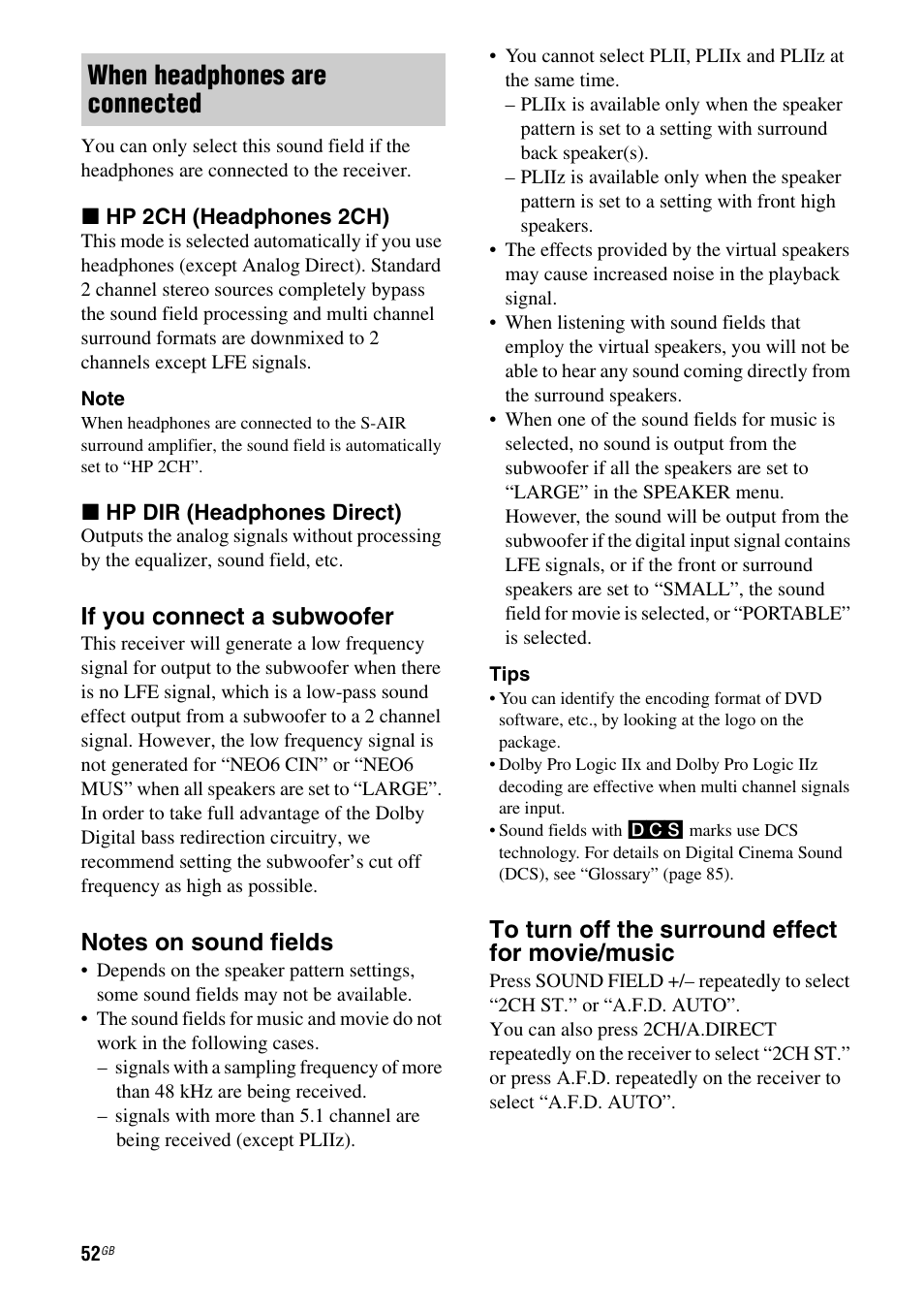 When headphones are connected, If you connect a subwoofer | Sony STR-DH710 User Manual | Page 52 / 100