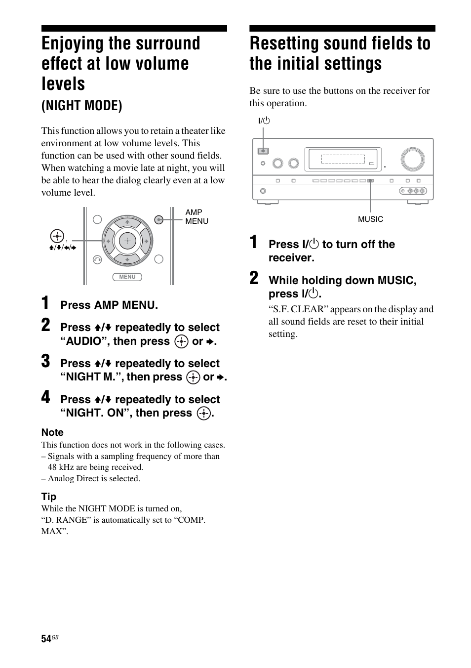 Resetting sound fields to the initial settings, Enjoying the surround effect at low volume, Levels (night mode) | Resetting sound fields to the initial, Settings, Enjoying the surround effect at low volume levels, Night mode) | Sony STR-DH710 User Manual | Page 54 / 100