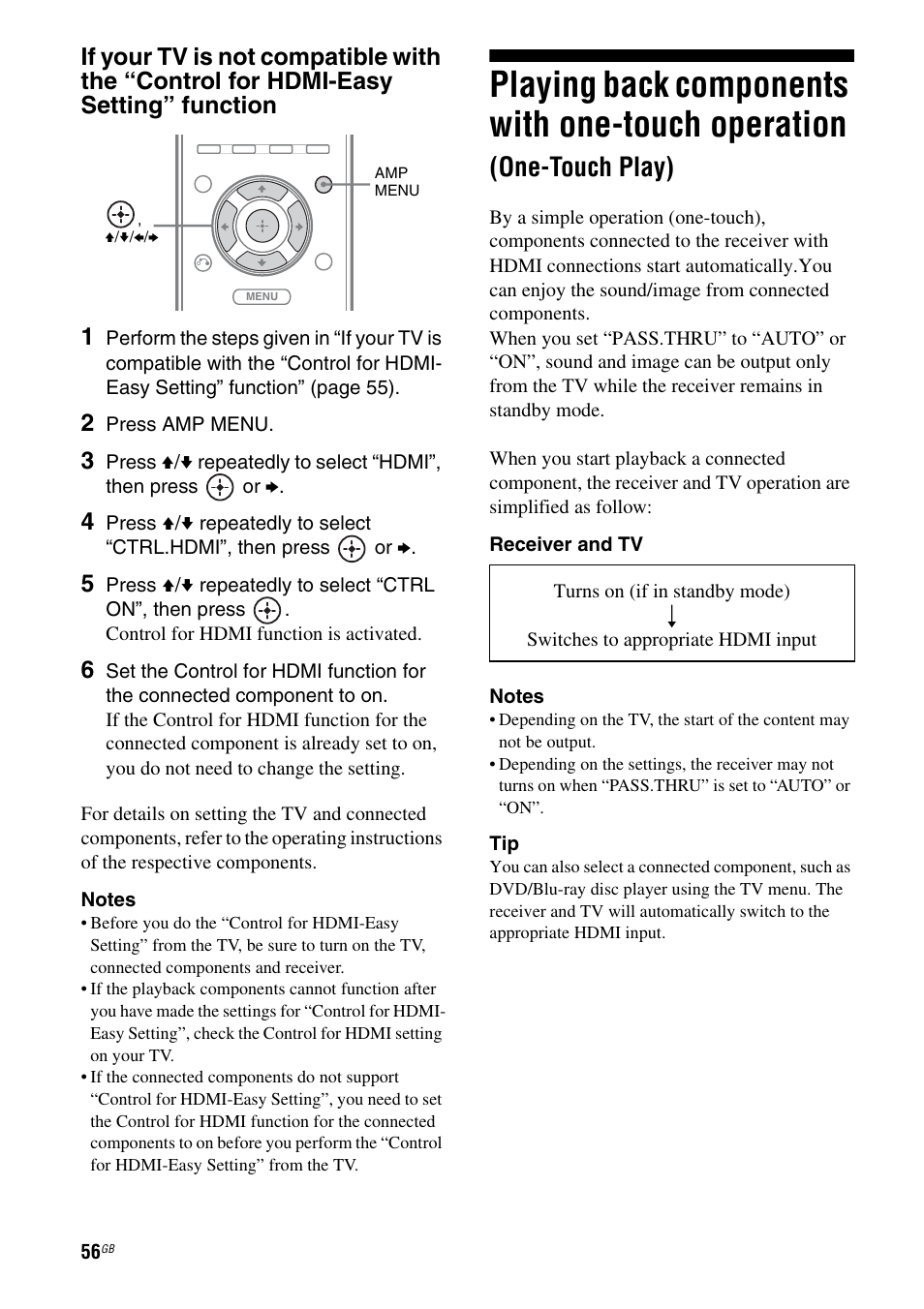 Playing back components with one-touch, Operation (one-touch play), Playing back components with one-touch operation | One-touch play) | Sony STR-DH710 User Manual | Page 56 / 100