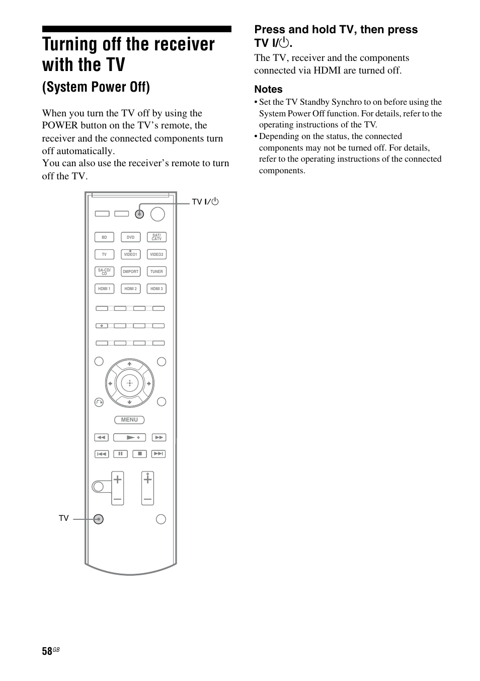 Turning off the receiver with the tv, System power off), Press and hold tv, then press tv ? / 1 | Sony STR-DH710 User Manual | Page 58 / 100