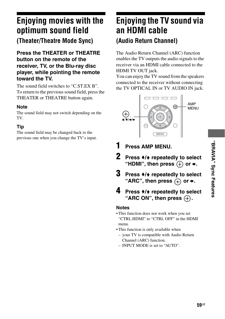 Enjoying movies with the optimum sound, Field (theater/theatre mode sync), Enjoying the tv sound via an hdmi cable | Audio return channel), Enjoying movies with the optimum sound field, Theater/theatre mode sync) | Sony STR-DH710 User Manual | Page 59 / 100