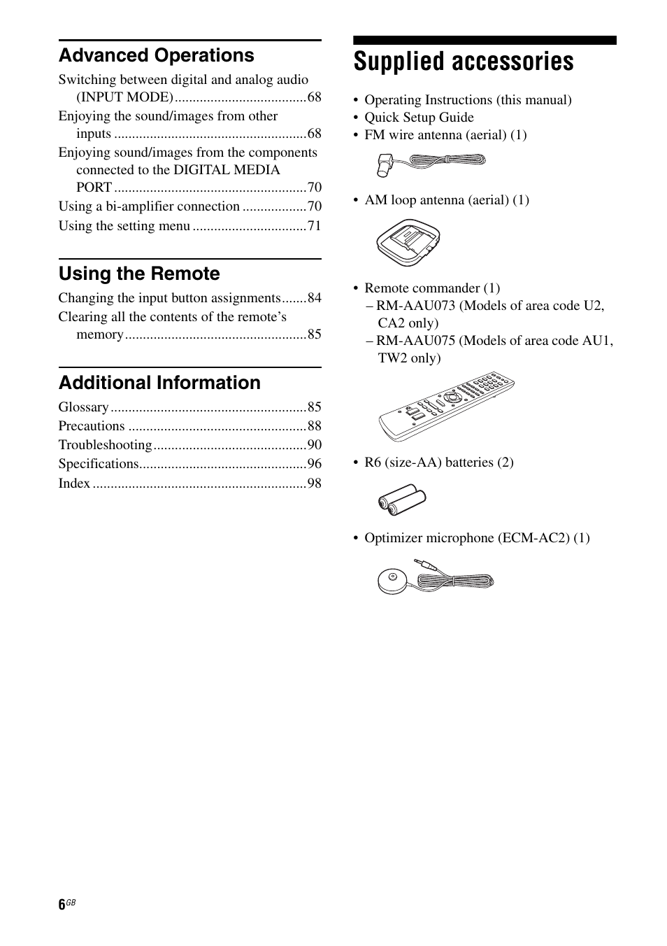 Supplied accessories, Advanced operations, Using the remote | Additional information | Sony STR-DH710 User Manual | Page 6 / 100