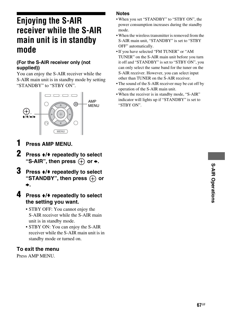 Enjoying the s-air receiver while the, S-air main unit is in standby mode | Sony STR-DH710 User Manual | Page 67 / 100