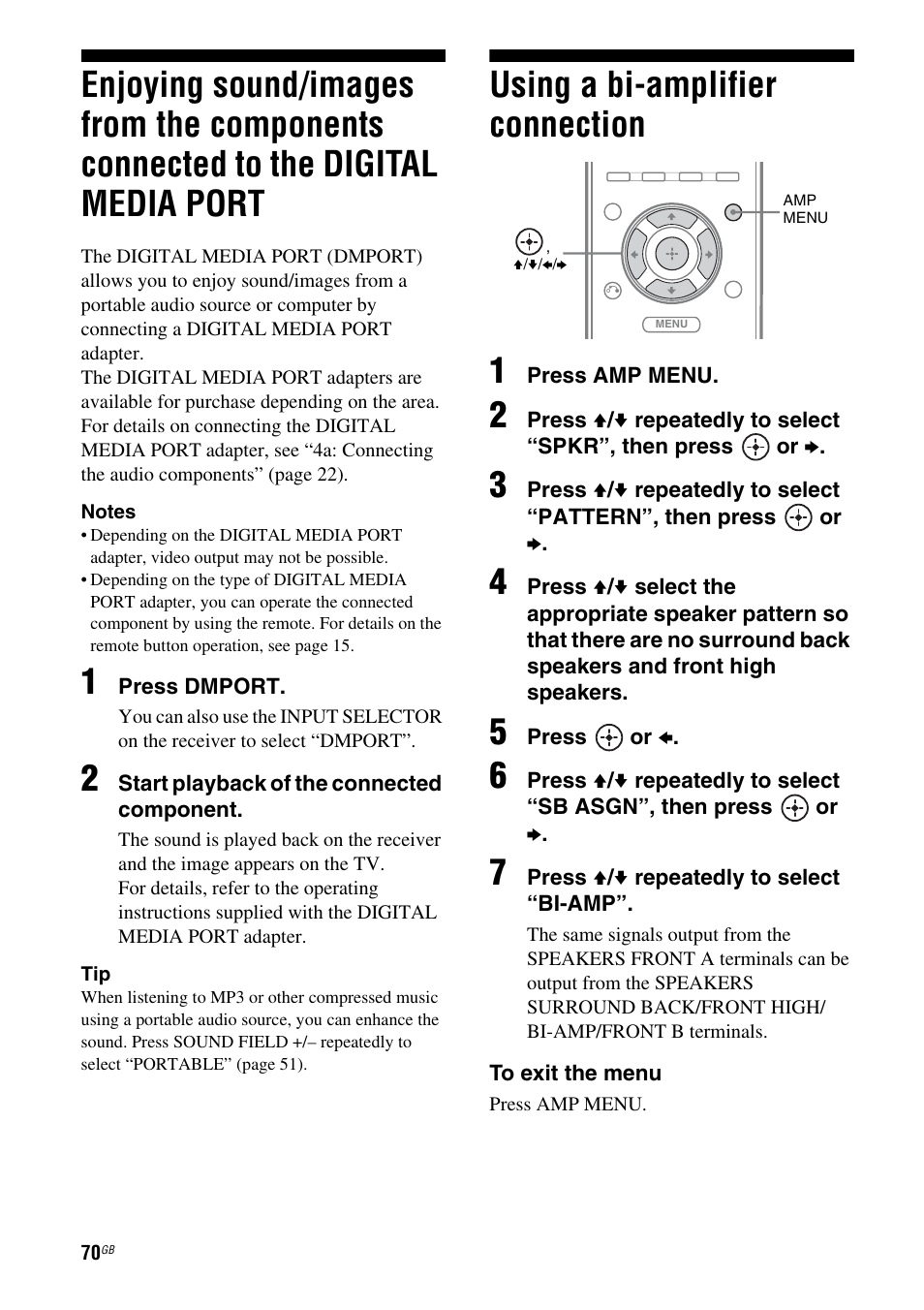 Using a bi-amplifier connection, Enjoying sound/images from the components, Connected to the digital media | Port, Using a bi-amplifier connection 1 | Sony STR-DH710 User Manual | Page 70 / 100