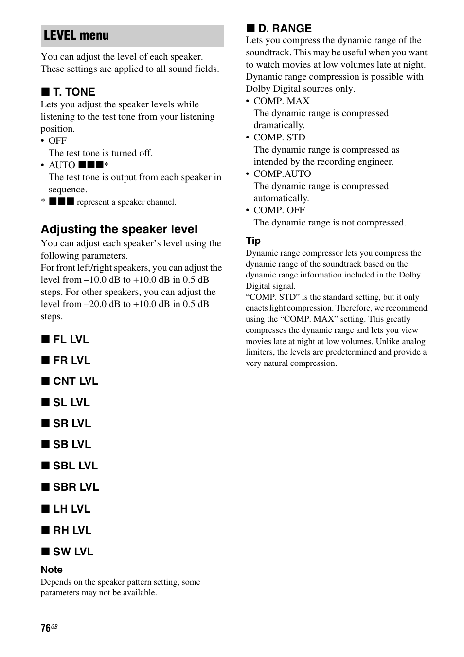 Level menu, Adjusting the speaker level | Sony STR-DH710 User Manual | Page 76 / 100