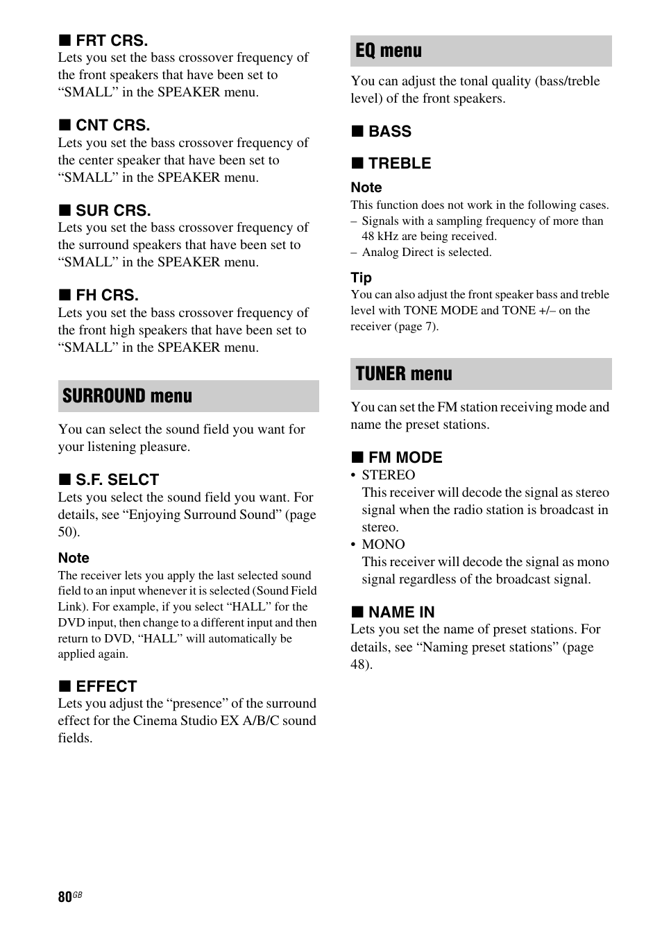 Surround menu eq menu tuner menu | Sony STR-DH710 User Manual | Page 80 / 100