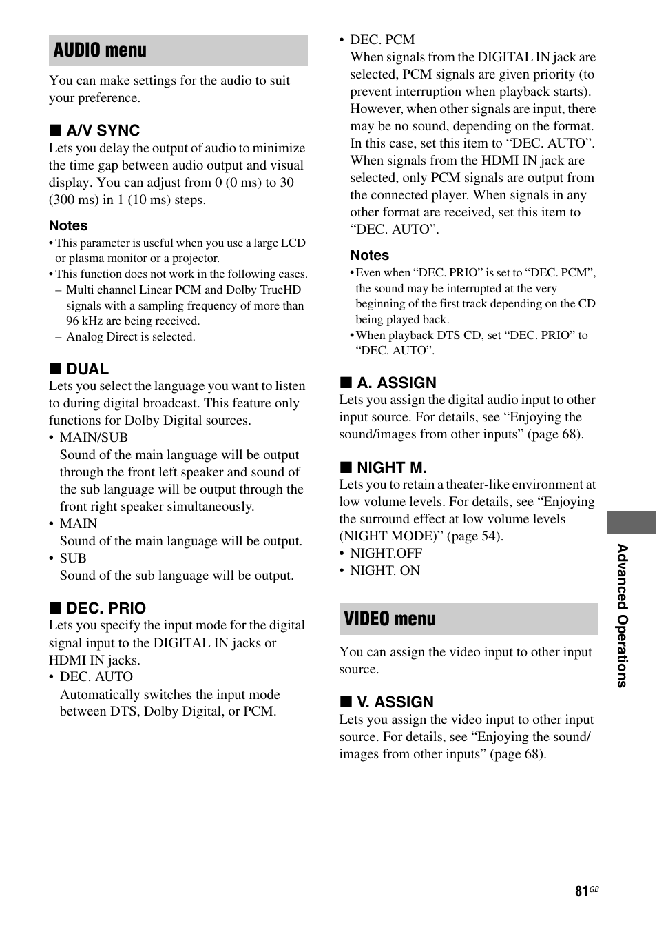 Audio menu video menu | Sony STR-DH710 User Manual | Page 81 / 100