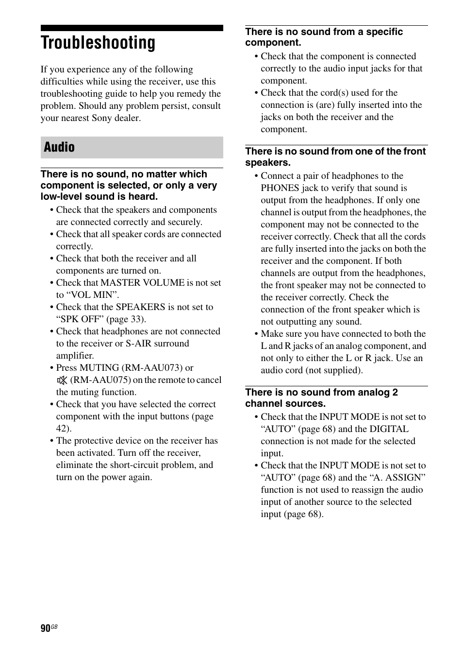 Troubleshooting, Audio | Sony STR-DH710 User Manual | Page 90 / 100