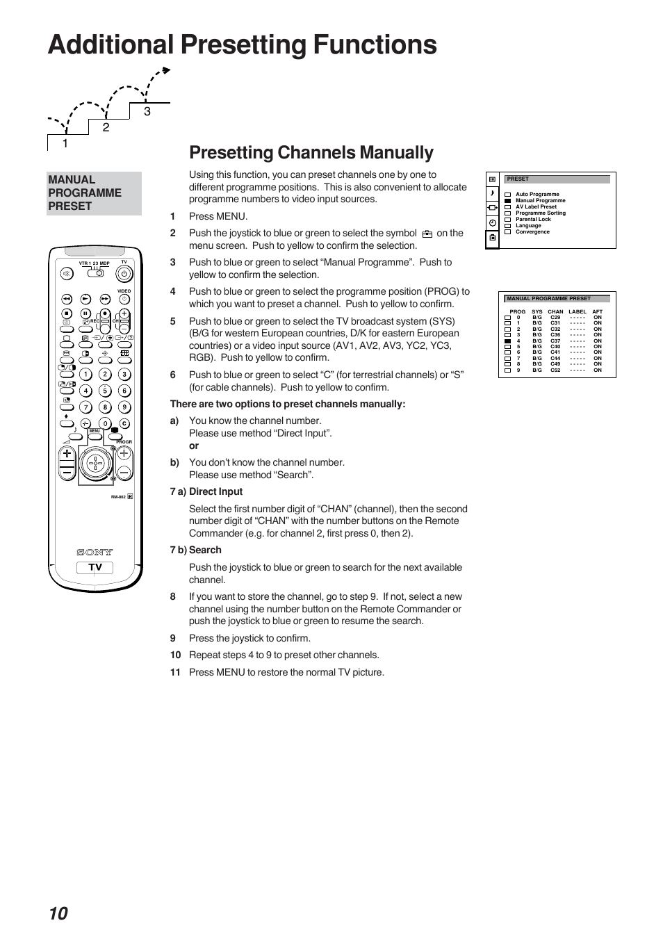Additional presetting functions, Presetting channels manually, Manual programme preset | Sony KP-41S4G User Manual | Page 10 / 50