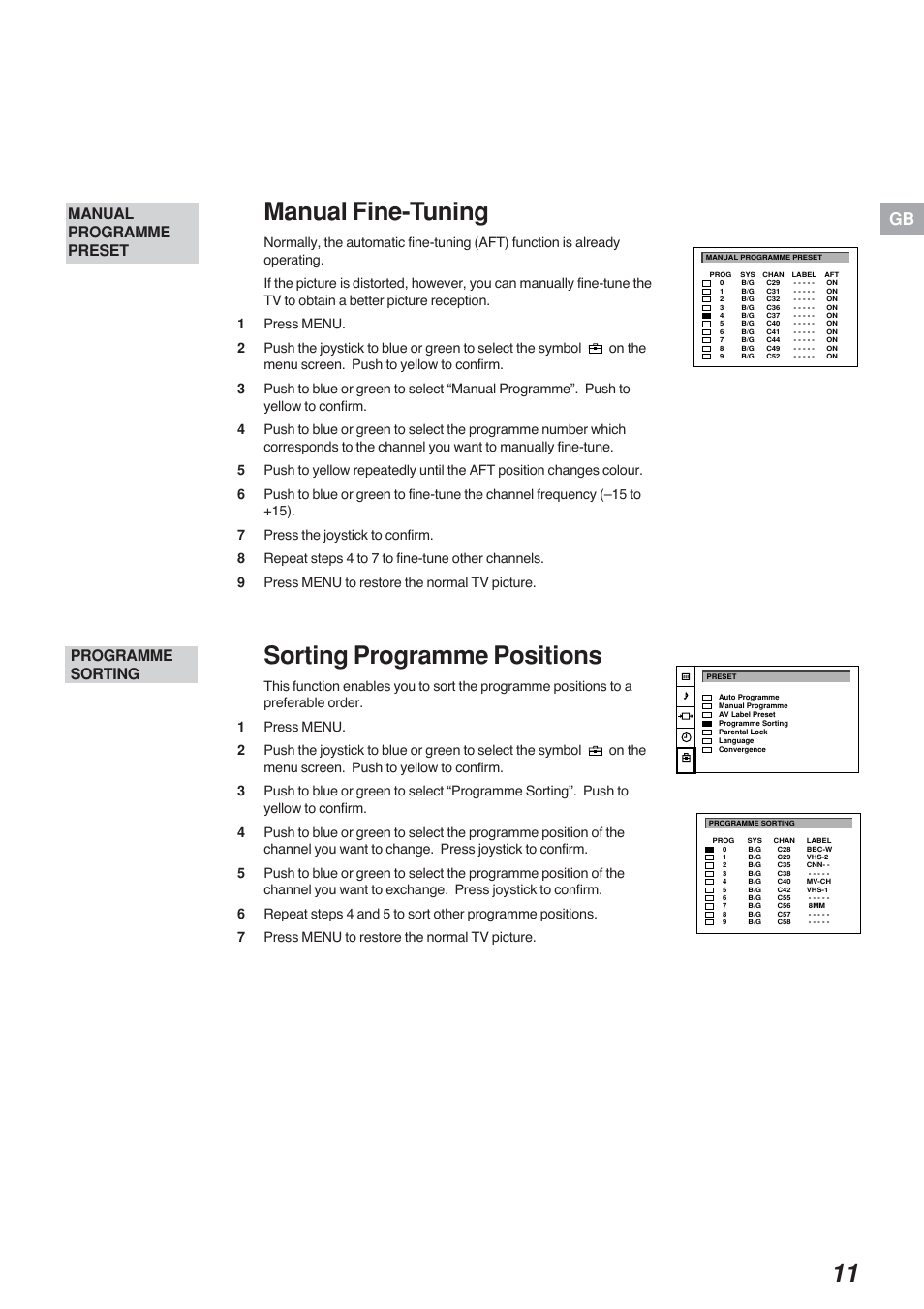 Manual fine-tuning, Sorting programme positions, Programme sorting | Manual programme preset | Sony KP-41S4G User Manual | Page 11 / 50