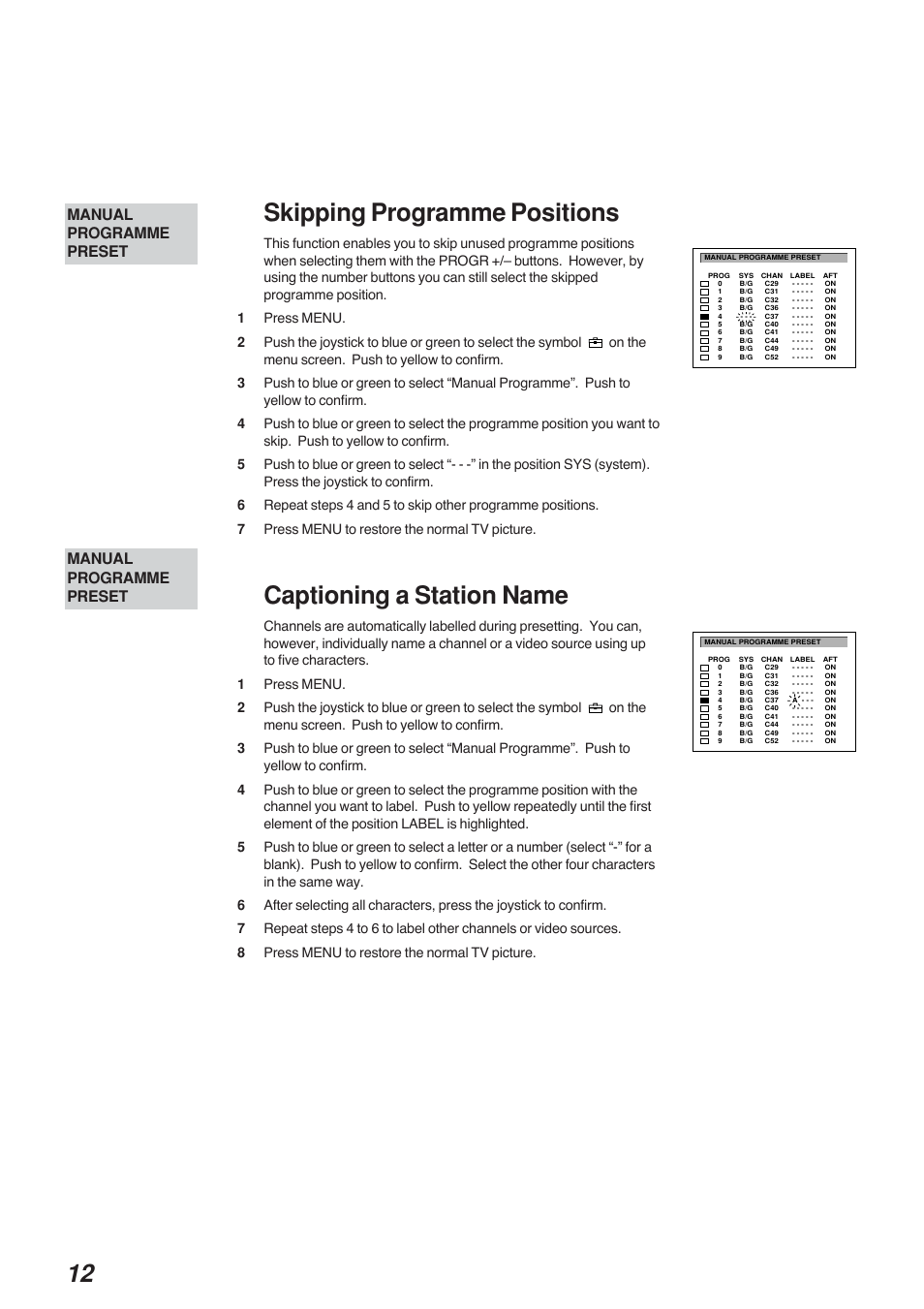 Skipping programme positions, Captioning a station name, Manual programme preset | Sony KP-41S4G User Manual | Page 12 / 50