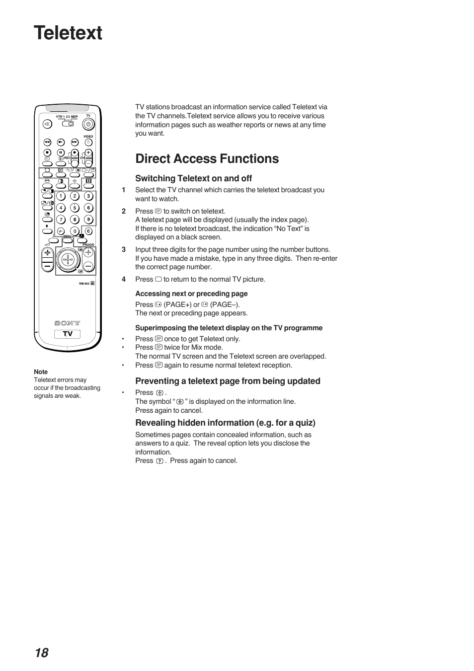 Teletext, Direct access functions, Switching teletext on and off | Preventing a teletext page from being updated, Revealing hidden information (e.g. for a quiz) | Sony KP-41S4G User Manual | Page 18 / 50