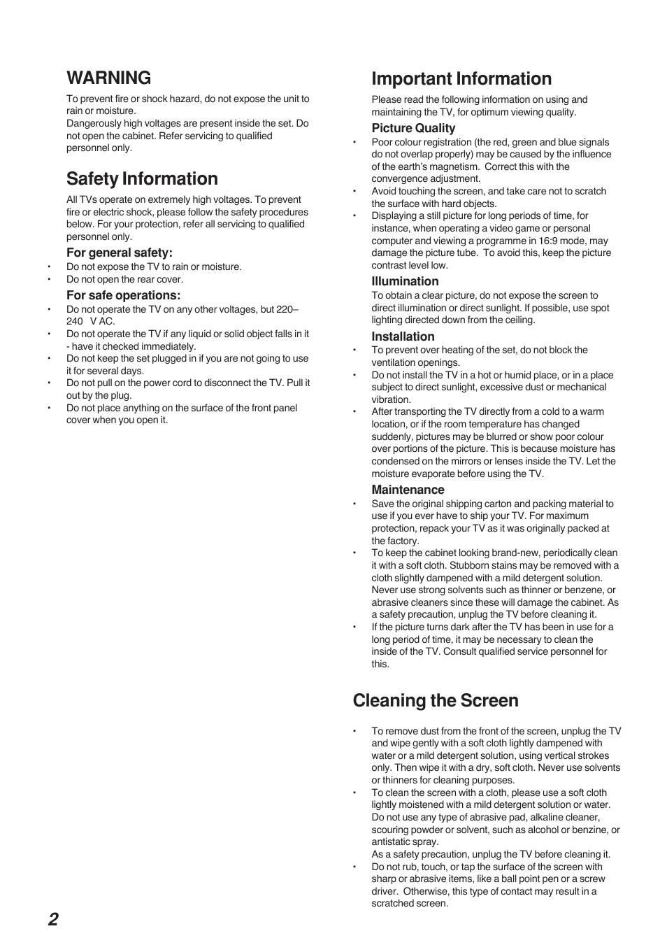 Warning, Safety information, Cleaning the screen | Important information | Sony KP-41S4G User Manual | Page 2 / 50