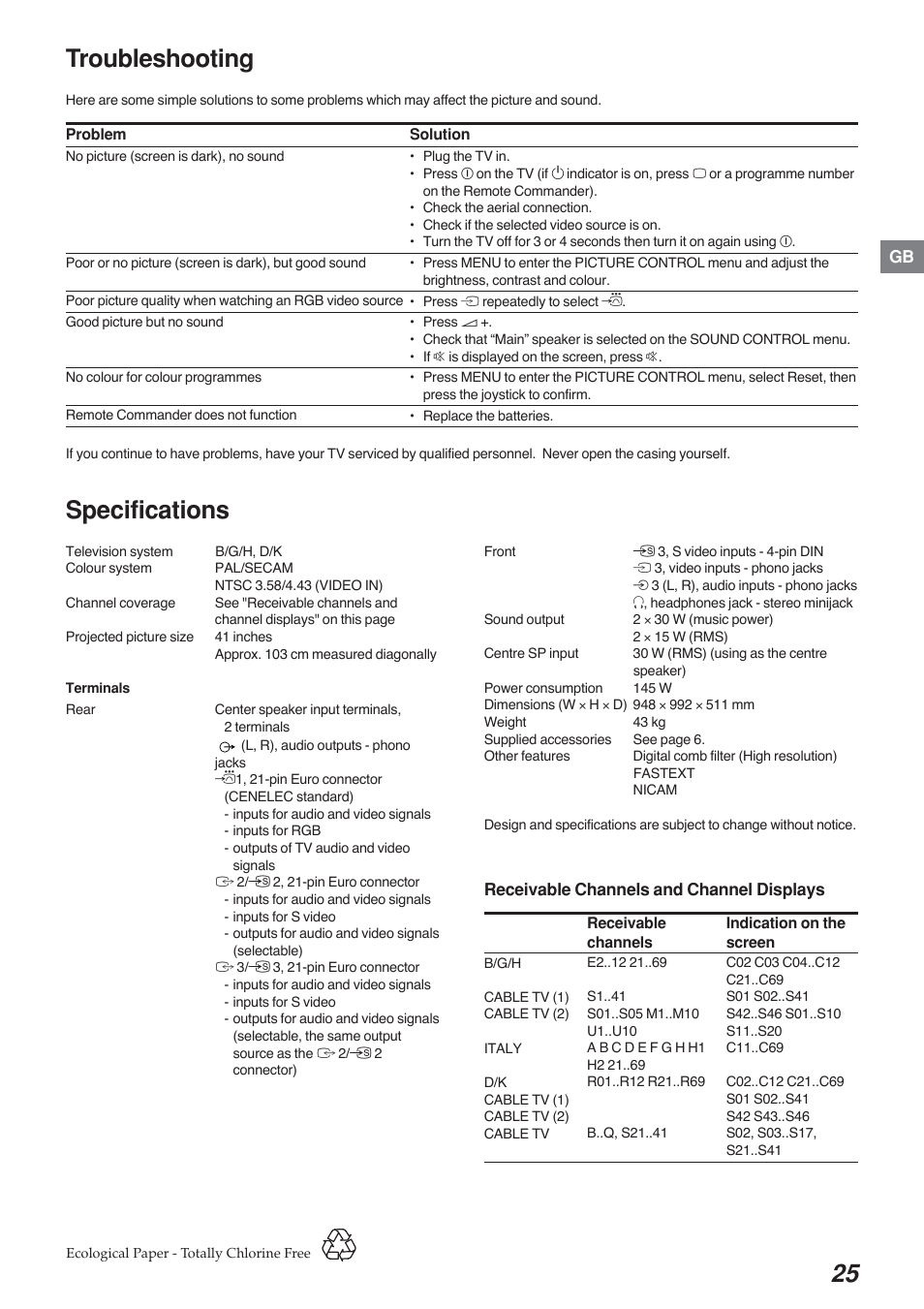 Troubleshooting, Specifications | Sony KP-41S4G User Manual | Page 25 / 50