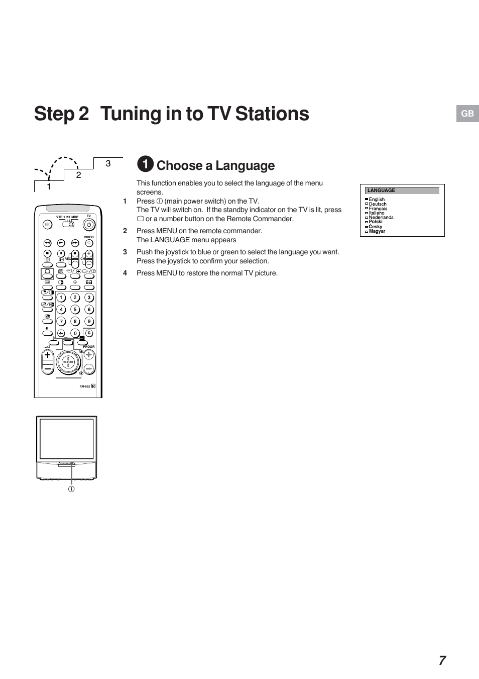 Step 2 tuning in to tv stations, Choose a language | Sony KP-41S4G User Manual | Page 7 / 50