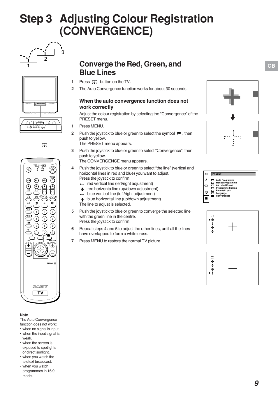 Step 3 adjusting colour registration (convergence), Converge the red, green, and blue lines | Sony KP-41S4G User Manual | Page 9 / 50