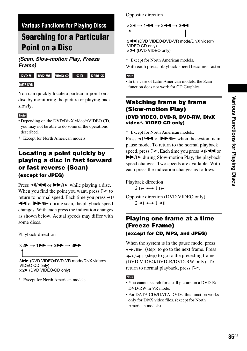 Various functions for playing discs, Searching for a particular point on a disc, Watching frame by frame (slow-motion play) | Playing one frame at a time (freeze frame), Searching for a particular point, On a disc (scan, slow-motion play, freeze frame) | Sony DAV-DX315 User Manual | Page 35 / 100