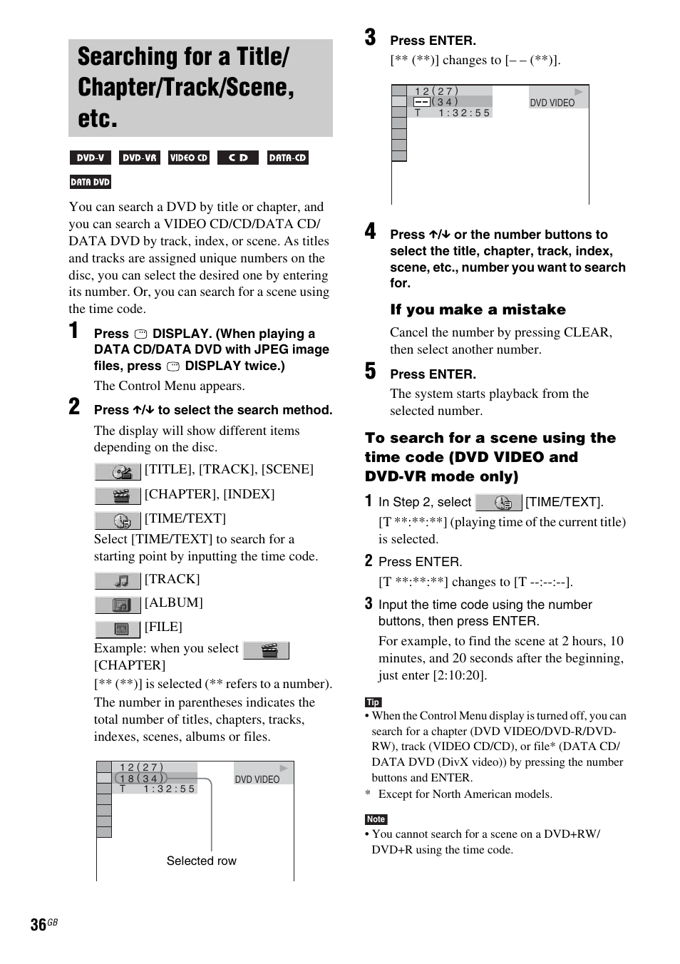 Searching for a title/ chapter/track/scene, etc, Searching for a title/chapter/track, Scene, etc | Sony DAV-DX315 User Manual | Page 36 / 100