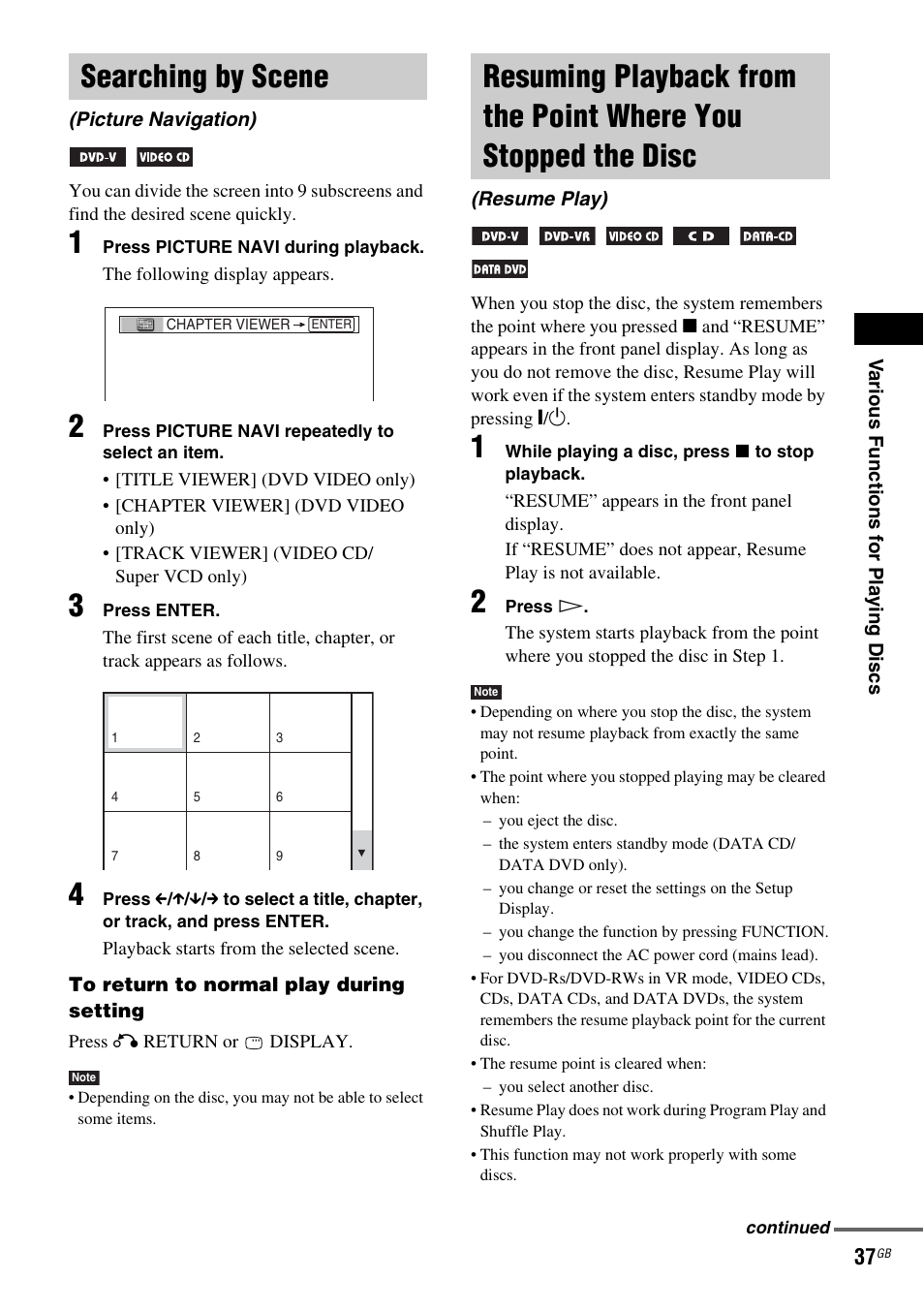 Searching by scene, Picture navigation), Resuming playback from the point where | You stopped the disc (resume play) | Sony DAV-DX315 User Manual | Page 37 / 100