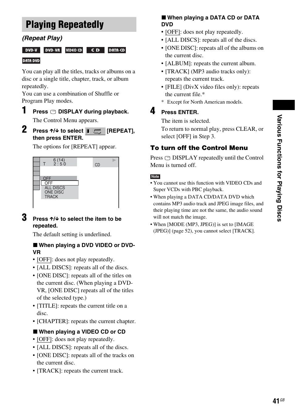 Playing repeatedly, Repeat play) | Sony DAV-DX315 User Manual | Page 41 / 100