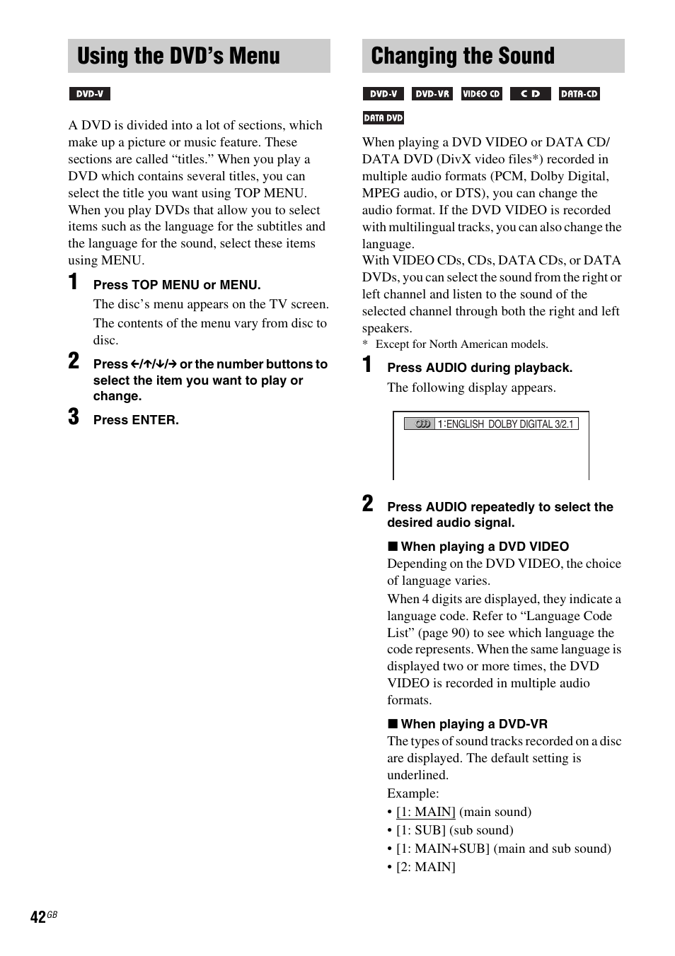 Using the dvd’s menu, Changing the sound, Using the dvd’s menu changing the sound | Sony DAV-DX315 User Manual | Page 42 / 100